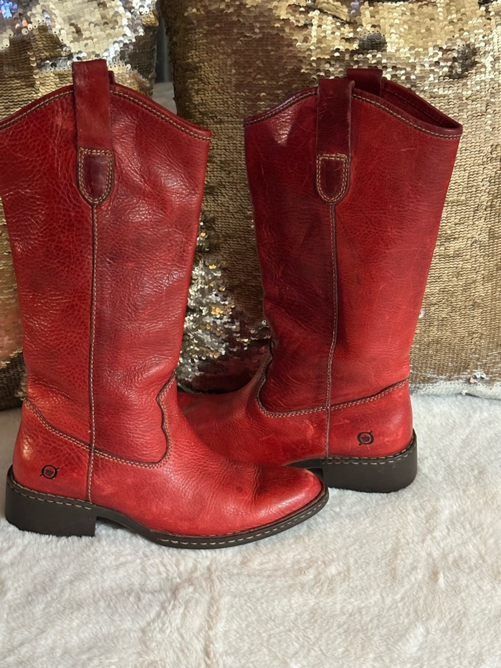 Born Red Leather Mid-Calf Moto Boots with Pull Tabs